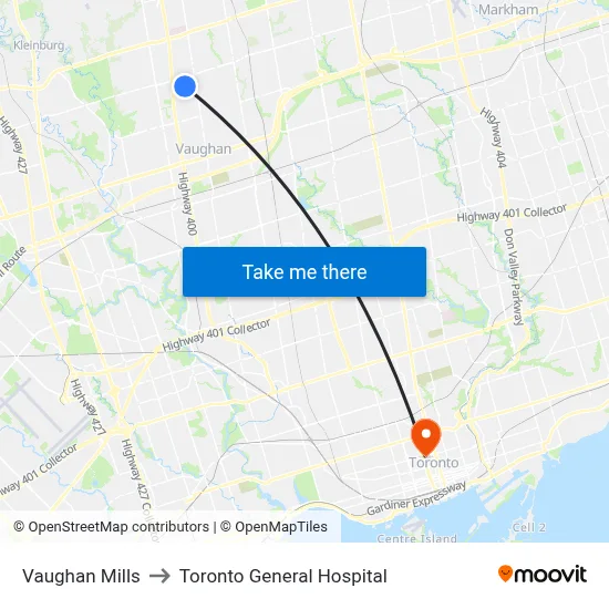Vaughan Mills to Toronto General Hospital map
