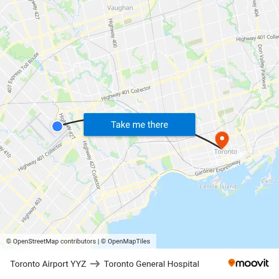 Toronto Airport YYZ to Toronto General Hospital map