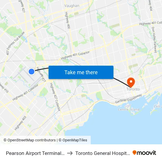 Pearson Airport Terminal 3 to Toronto General Hospital map