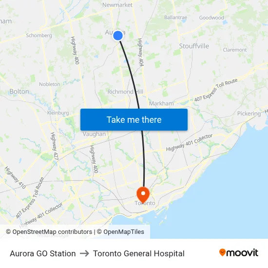 Aurora GO Station to Toronto General Hospital map
