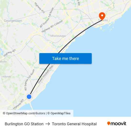Burlington GO Station to Toronto General Hospital map