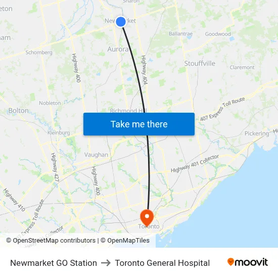Newmarket GO Station to Toronto General Hospital map