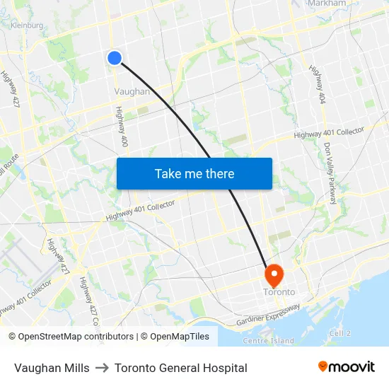 Vaughan Mills to Toronto General Hospital map
