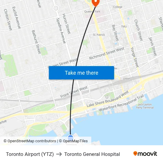 Toronto Airport (YTZ) to Toronto General Hospital map