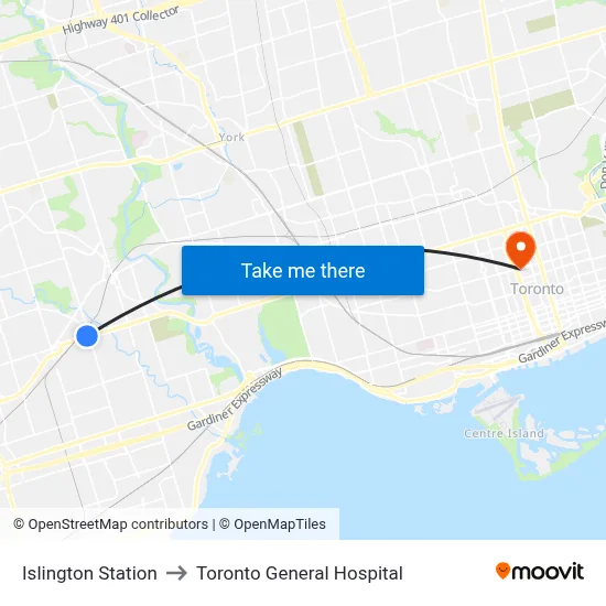 Islington Station to Toronto General Hospital map