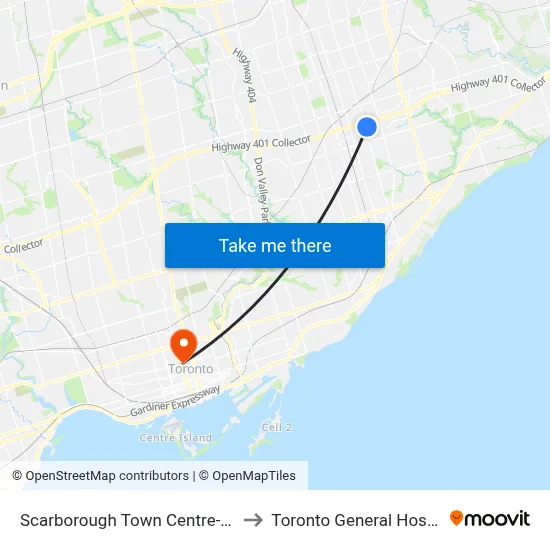 Scarborough Town Centre-West to Toronto General Hospital map