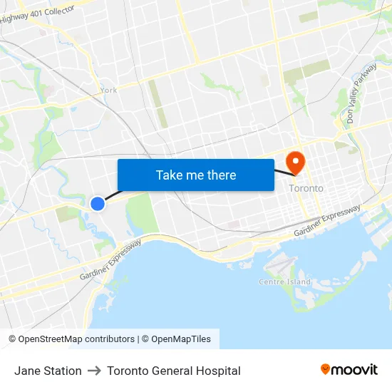 Jane Station to Toronto General Hospital map