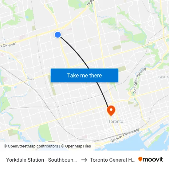 Yorkdale Station - Southbound Platform to Toronto General Hospital map