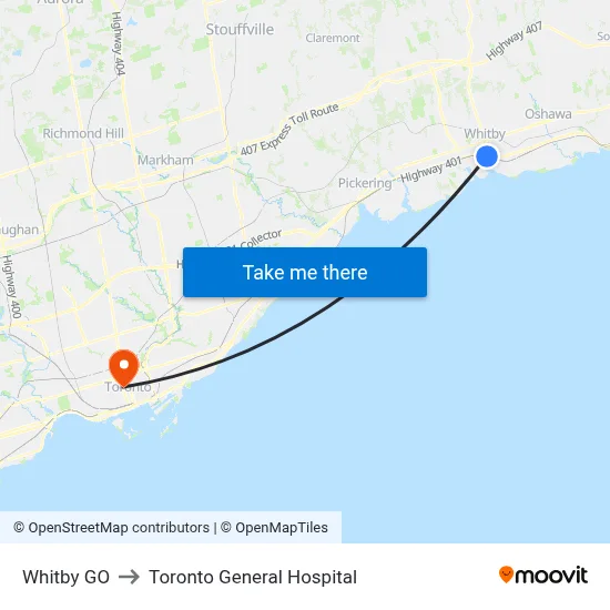 Whitby GO to Toronto General Hospital map