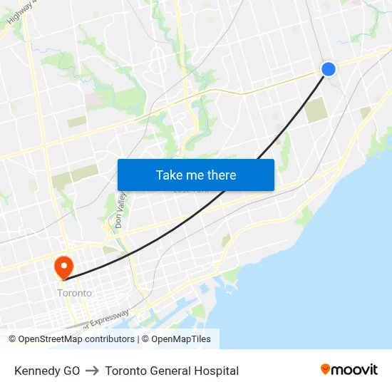Kennedy GO to Toronto General Hospital map
