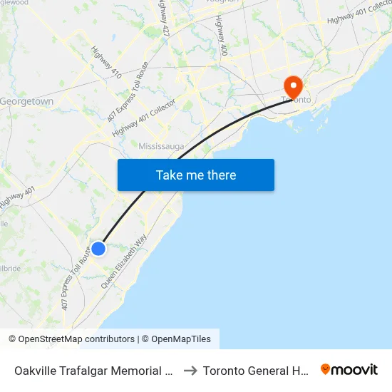 Oakville Trafalgar Memorial Hospital to Toronto General Hospital map