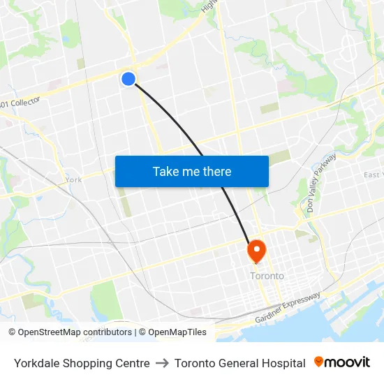 Yorkdale Shopping Centre to Toronto General Hospital map