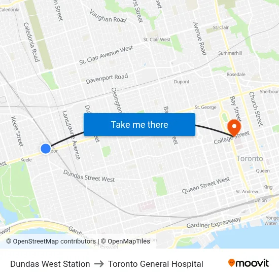 Dundas West Station to Toronto General Hospital map