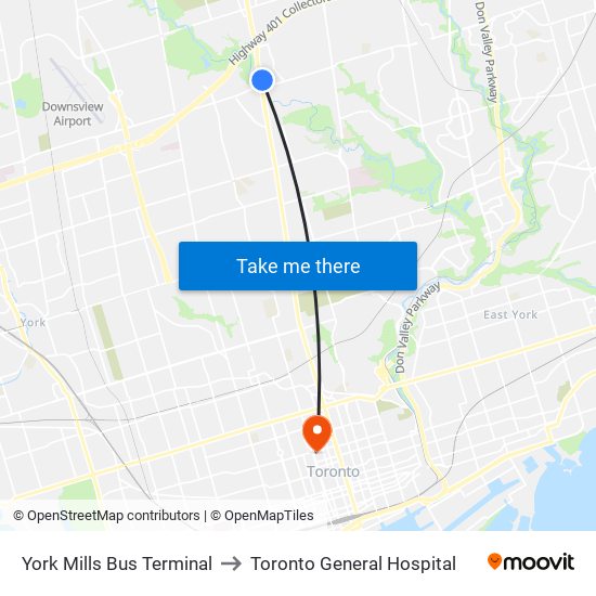 York Mills Bus Terminal to Toronto General Hospital map