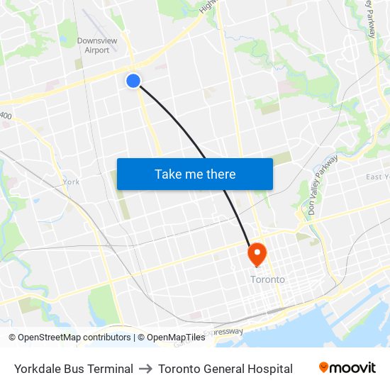 Yorkdale Bus Terminal to Toronto General Hospital map