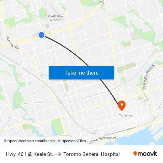 Hwy. 401 @ Keele St. to Toronto General Hospital map