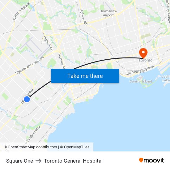 Square One to Toronto General Hospital map
