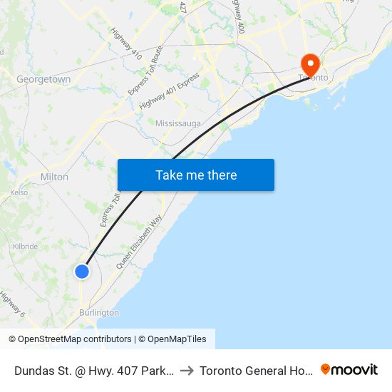 Dundas St. @ Hwy. 407 Park & Ride to Toronto General Hospital map
