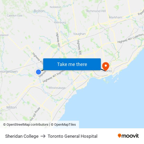 Sheridan College to Toronto General Hospital map