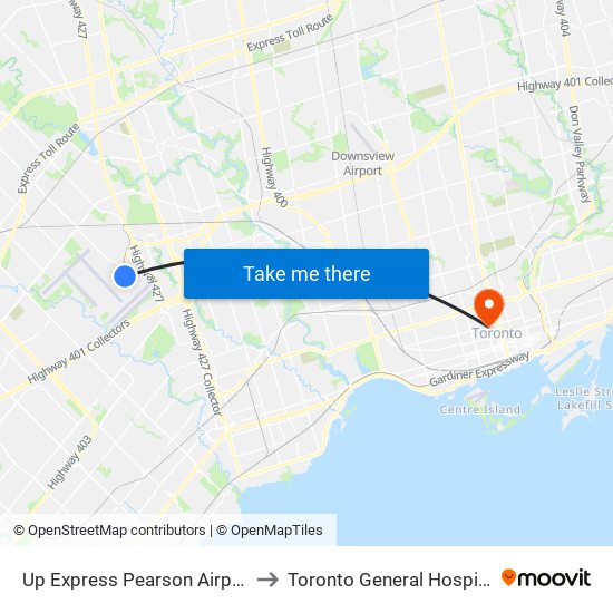 Up Express Pearson Airport to Toronto General Hospital map