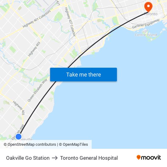 Oakville Go Station to Toronto General Hospital map