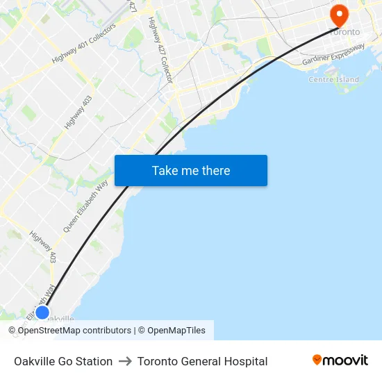 Oakville Go Station to Toronto General Hospital map