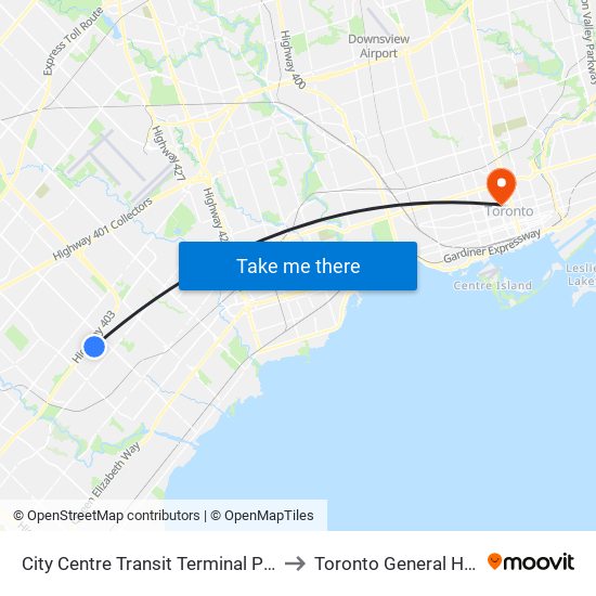 City Centre Transit Terminal Platform A to Toronto General Hospital map