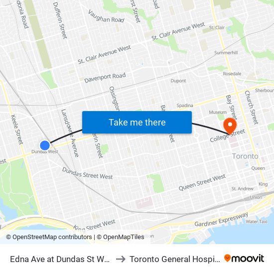 Edna Ave at Dundas St West to Toronto General Hospital map