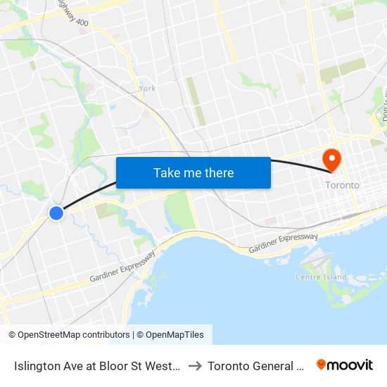 Islington Ave at Bloor St West North Side to Toronto General Hospital map