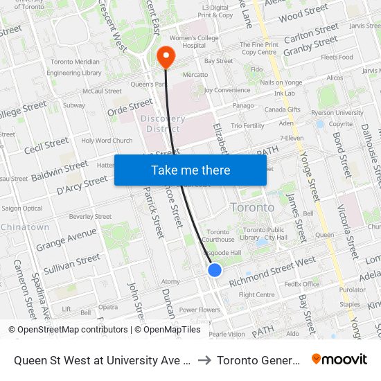 Queen St West at University Ave - Osgoode Station to Toronto General Hospital map