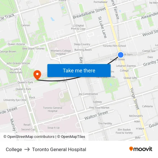 College to Toronto General Hospital map