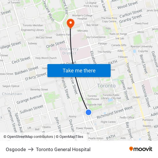 Osgoode to Toronto General Hospital map