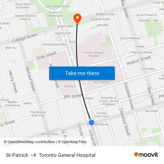 St-Patrick to Toronto General Hospital map
