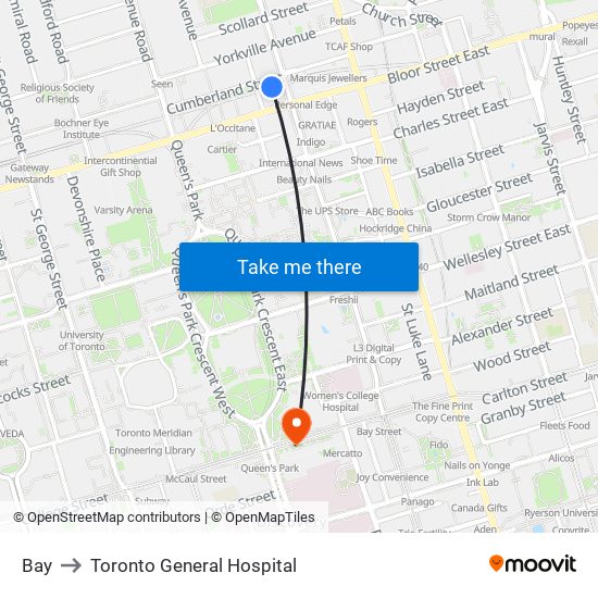 Bay to Toronto General Hospital map