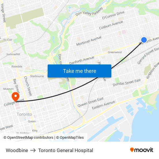 Woodbine to Toronto General Hospital map