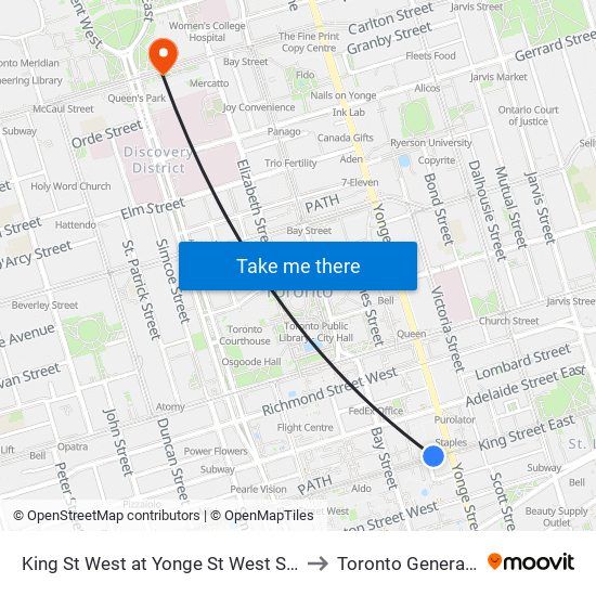 King St West at Yonge St West Side - King Station to Toronto General Hospital map