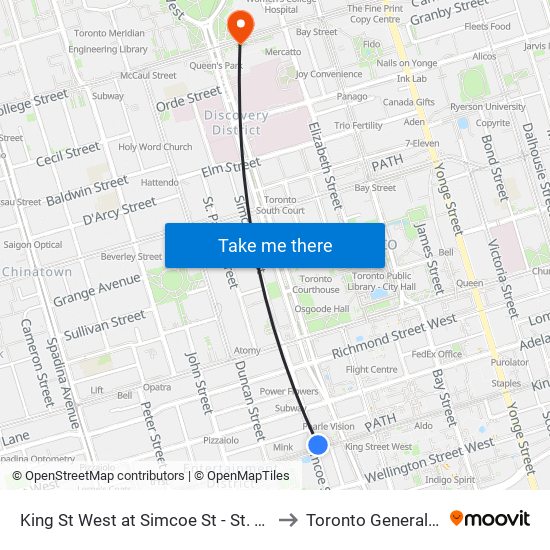 King St West at Simcoe St - St. Andrew Station to Toronto General Hospital map