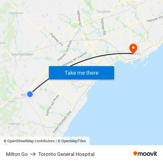 Milton Go to Toronto General Hospital map