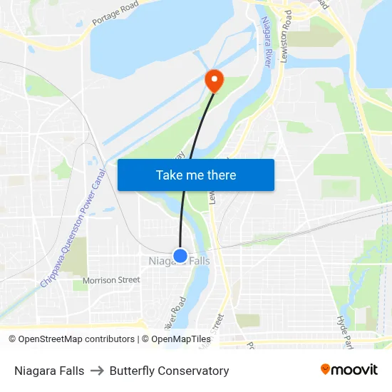 Niagara Falls to Butterfly Conservatory map