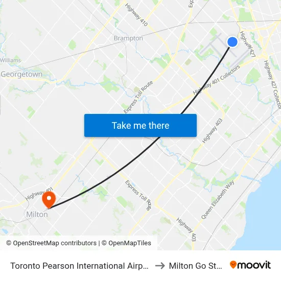 Toronto Pearson International Airport (Yyz) to Milton Go Station map