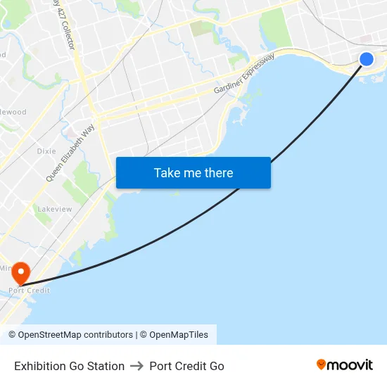 Exhibition Go Station to Port Credit Go map