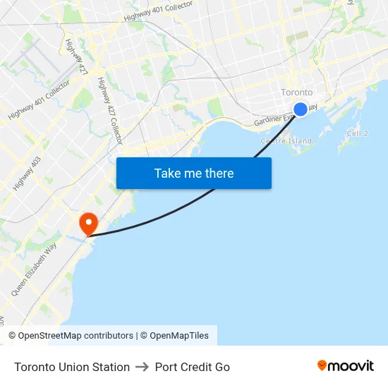 Toronto Union Station to Port Credit Go map