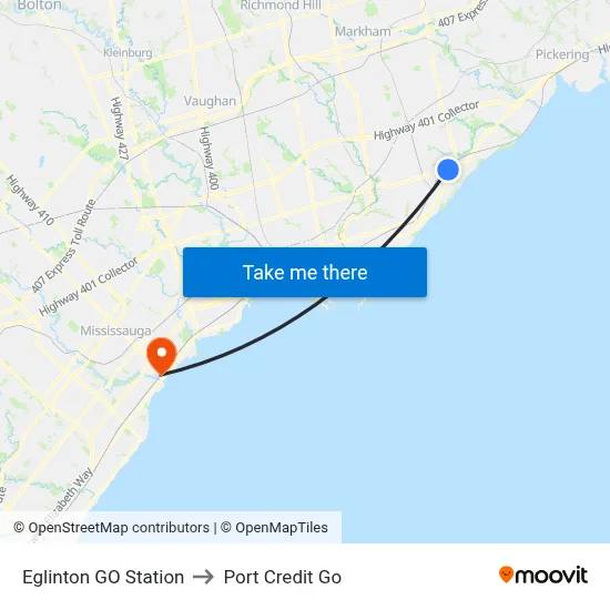 Eglinton GO Station to Port Credit Go map