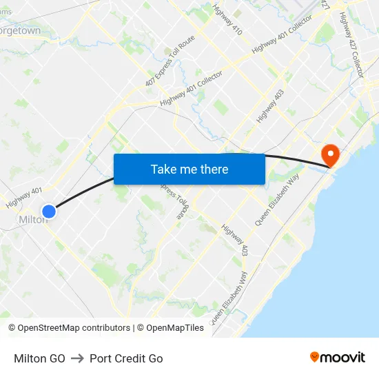 Milton GO to Port Credit Go map