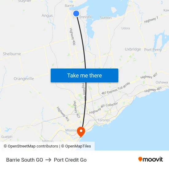 Barrie South GO to Port Credit Go map