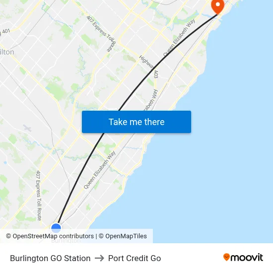 Burlington GO Station to Port Credit Go map