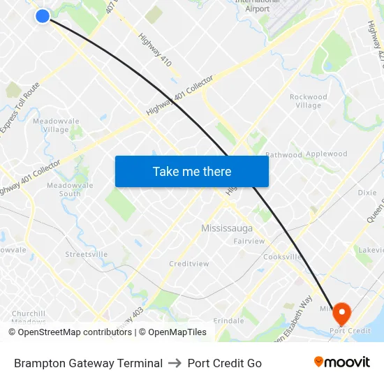 Brampton Gateway Terminal to Port Credit Go map
