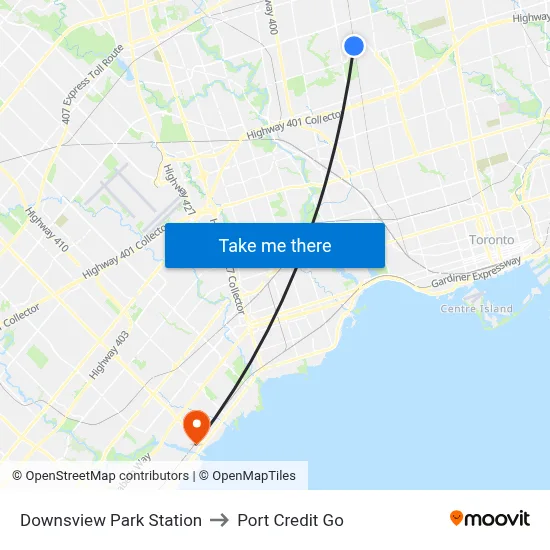 Downsview Park Station to Port Credit Go map