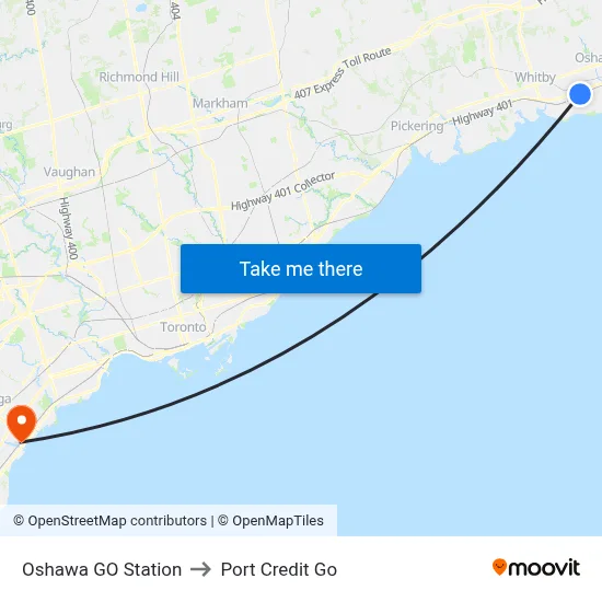 Oshawa GO Station to Port Credit Go map