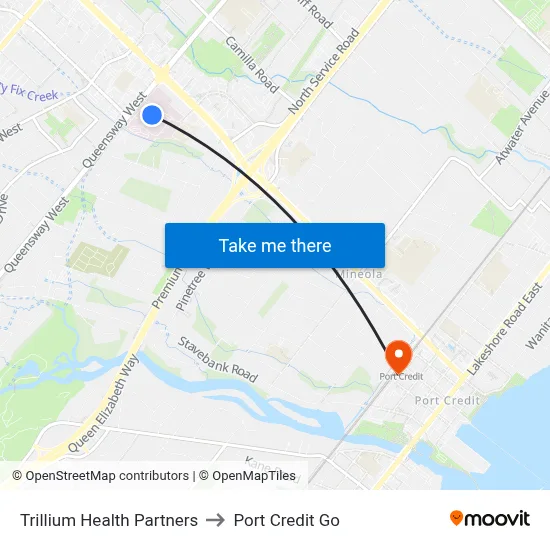 Trillium Health Partners to Port Credit Go map